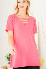 Heimish Full Size V-Neck Short Sleeve T-Shirt with Bar Detail Plus Size - Trendsi - Flyclothing LLC