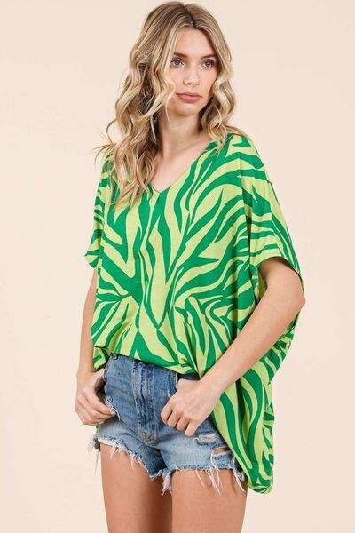 Mittoshop Zebra Print V-Neck Short Sleeve Oversized Top - Trendsi - Flyclothing LLC