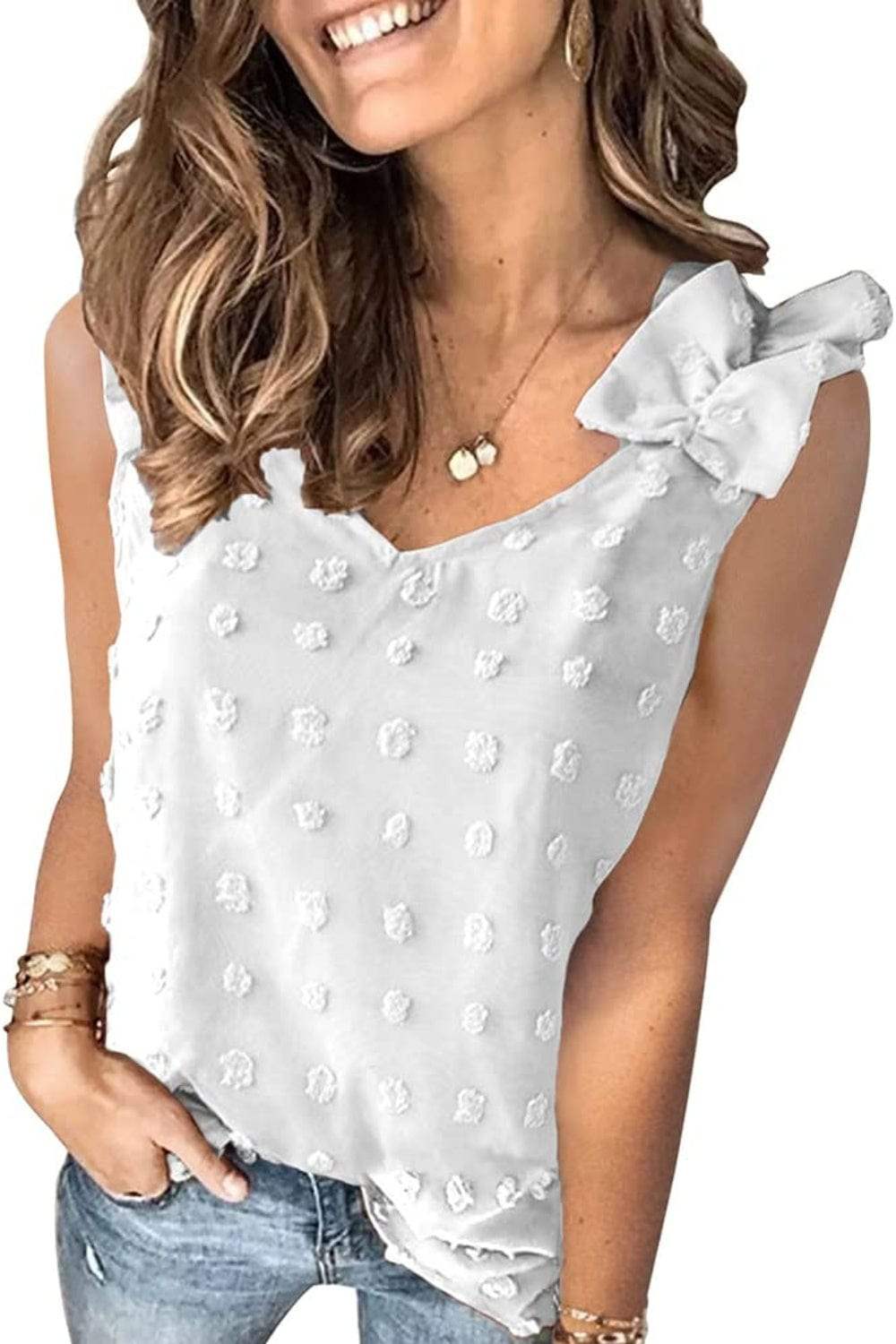 Full Size Swiss Dot V-Neck Tank - Trendsi - Flyclothing LLC