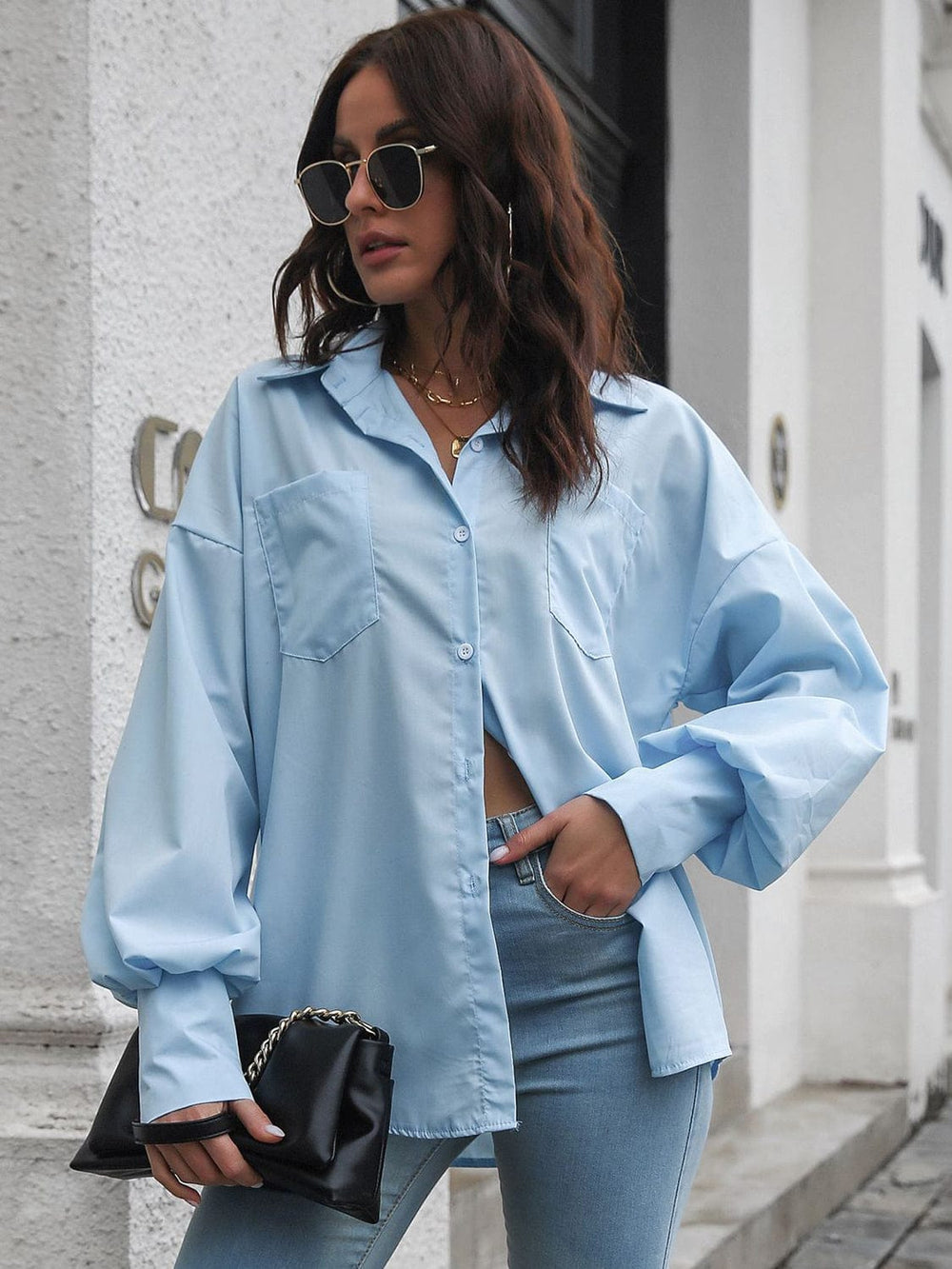 Button Up Dropped Shoulder Lantern Sleeve Shirt - Trendsi
