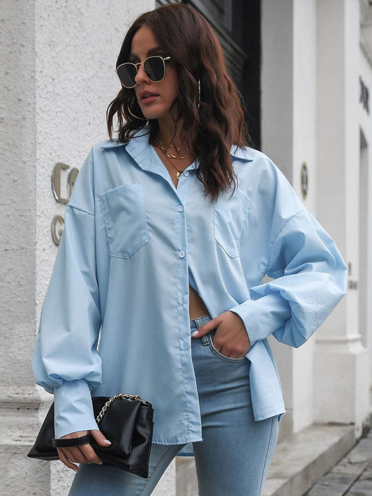 Button Up Dropped Shoulder Lantern Sleeve Shirt - Trendsi
