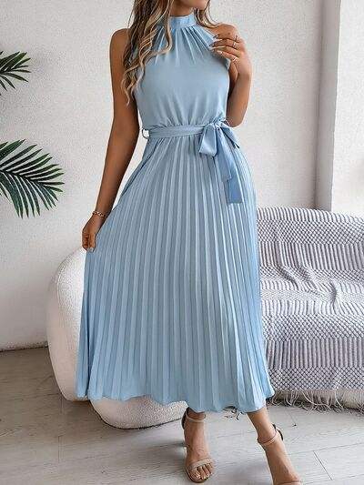 Grecian Neck Tie Waist Pleated Dress - Trendsi - Flyclothing LLC