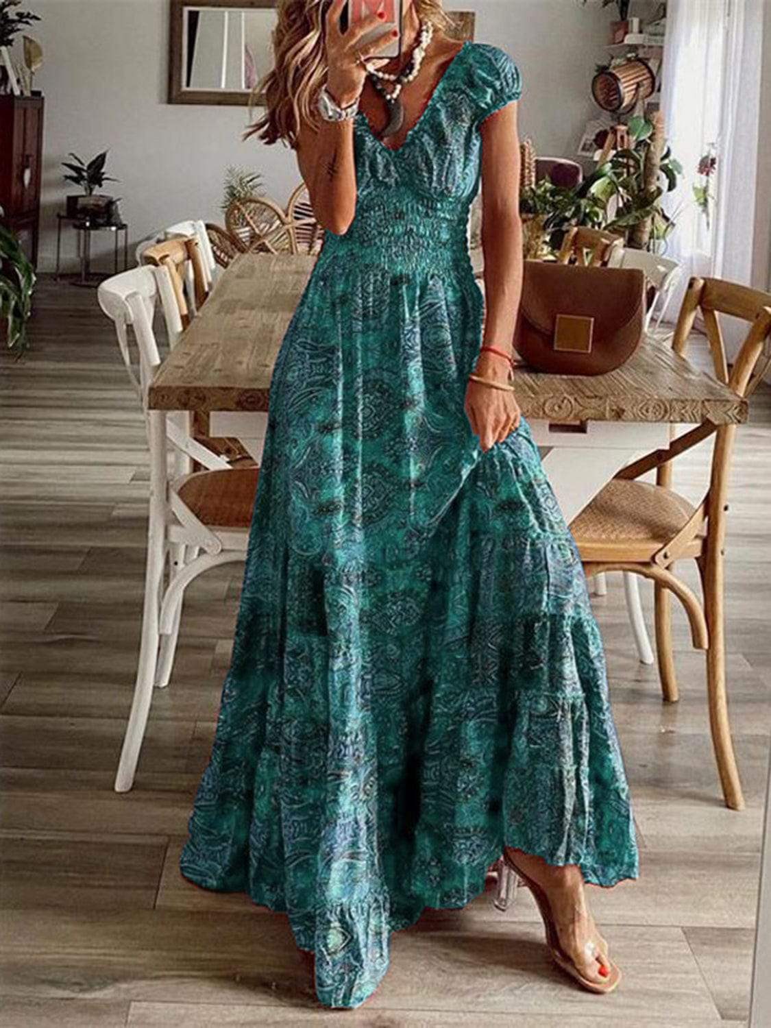 Full Size Smocked Printed V-Neck Short Sleeve Dress - Trendsi - Flyclothing LLC
