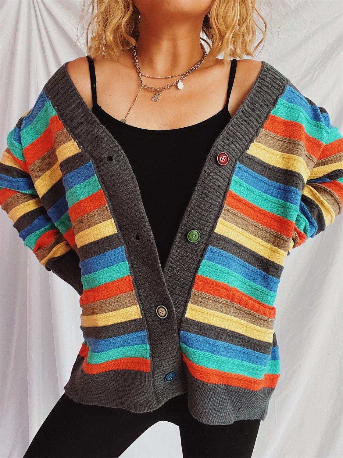 Contrast Stripes Button Up Long Sleeve Cardigan - Trendsi