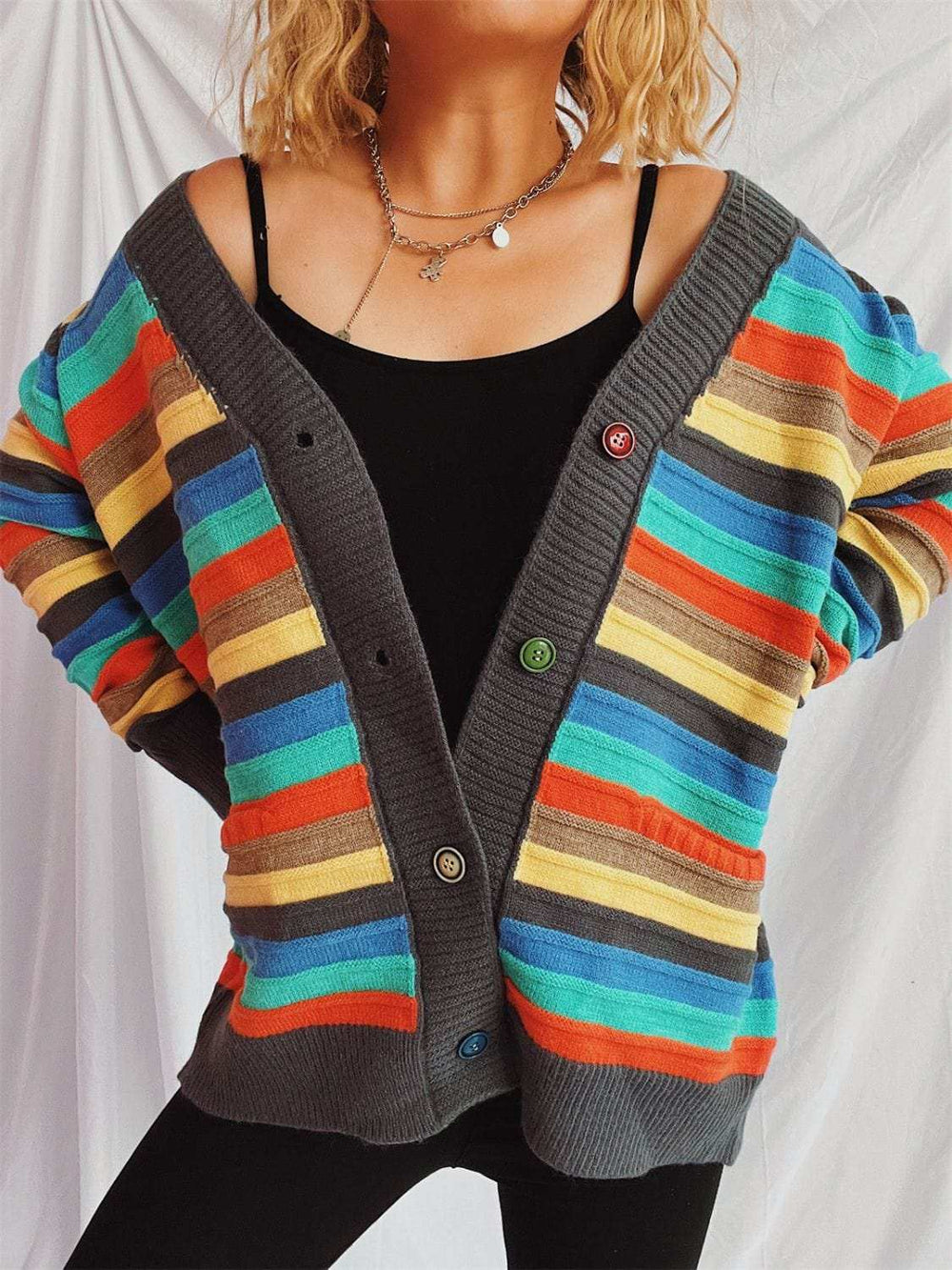 Contrast Stripes Button Up Long Sleeve Cardigan - Trendsi - Flyclothing LLC