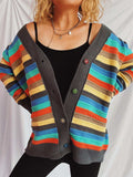 Contrast Stripes Button Up Long Sleeve Cardigan - Trendsi - Flyclothing LLC