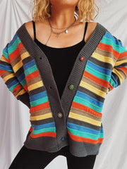 Contrast Stripes Button Up Long Sleeve Cardigan - Trendsi