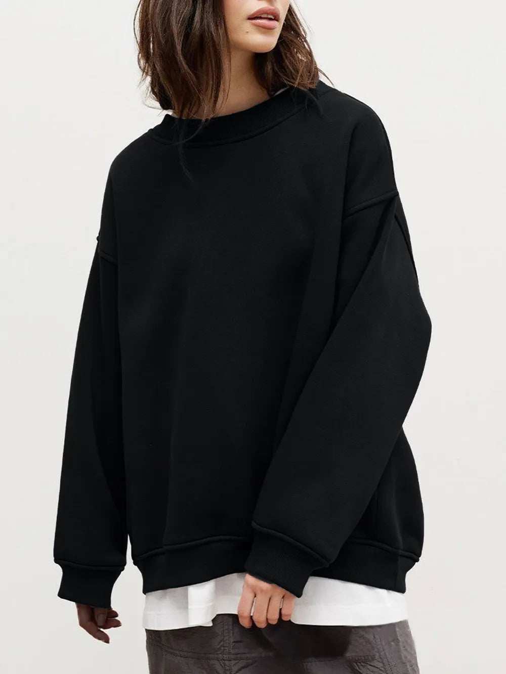 Round Neck Dropped Shoulder Long Sleeve Sweatshirt - Trendsi - Flyclothing LLC