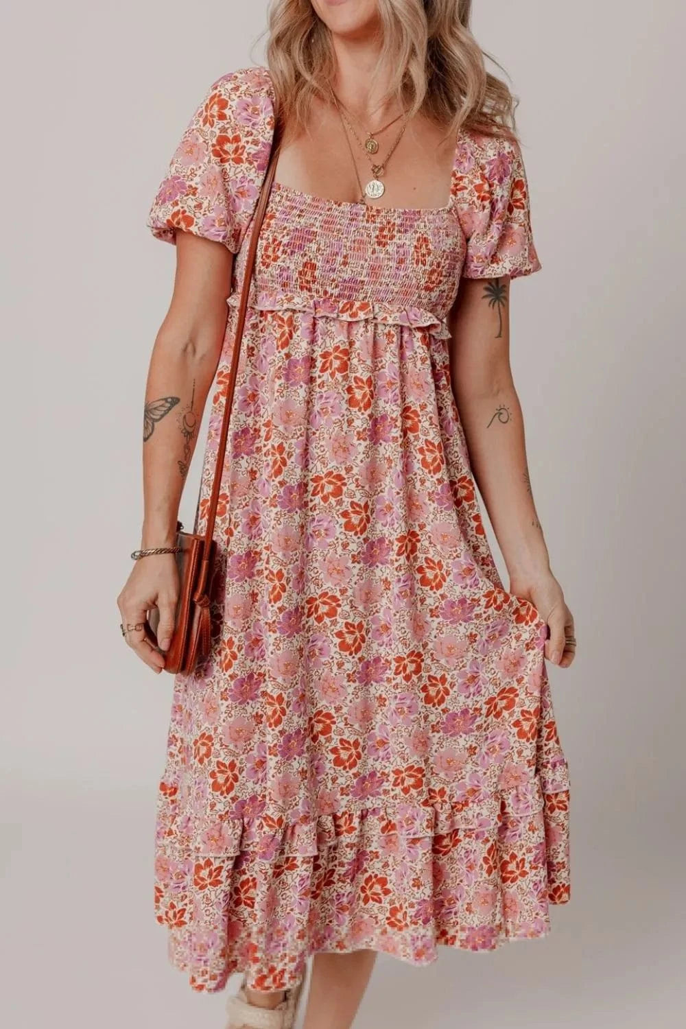 Floral Square Neck Knotted Ruffle Midi Dress - Trendsi