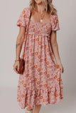 Floral Square Neck Knotted Ruffle Midi Dress - Trendsi