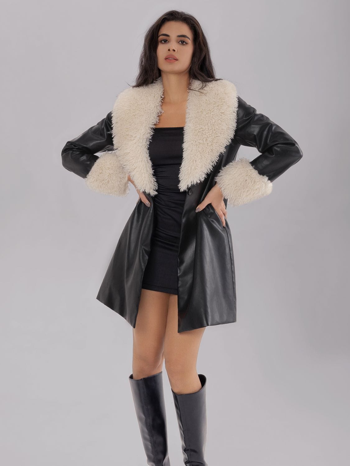 Fuzzy Long Sleeve Longline Coat - Trendsi
