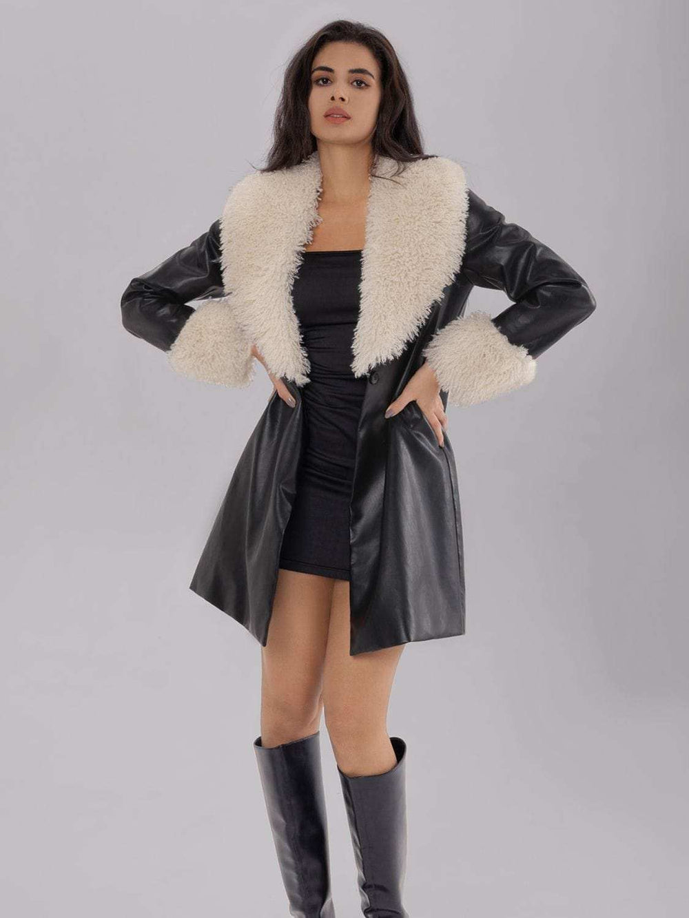Fuzzy Long Sleeve Longline Coat - Trendsi - Flyclothing LLC
