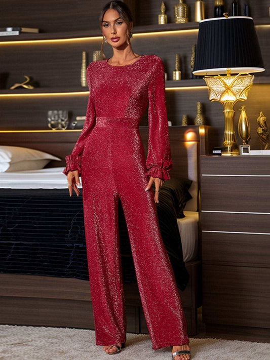 Perfee Cutout Round Neck Long Sleeve Jumpsuit - Trendsi - Flyclothing LLC