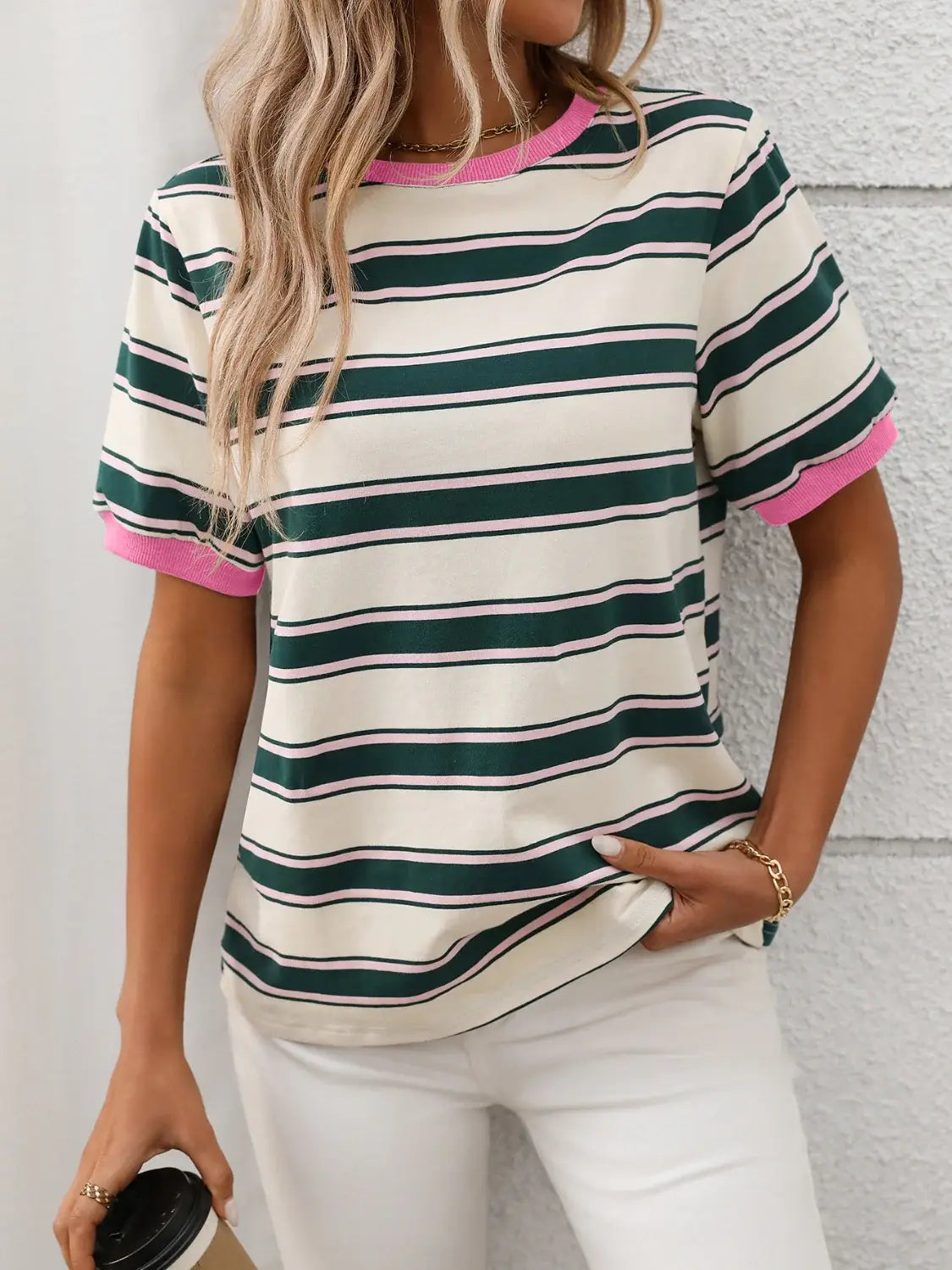 Contrast Striped Round Neck Short Sleeve T-Shirt - Trendsi - Flyclothing LLC