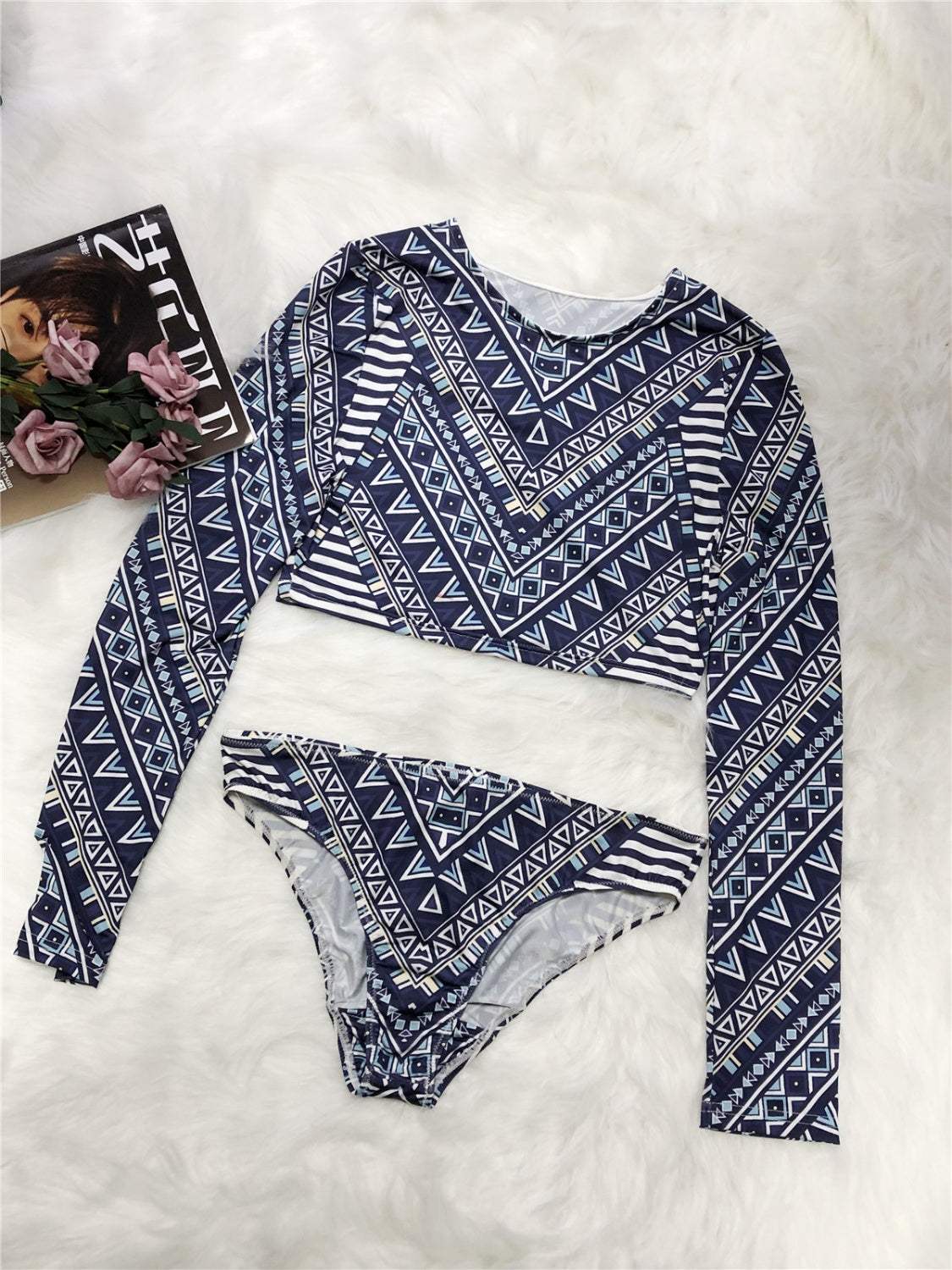 Printed Long Sleeve Top and Brief Swim Set - Trendsi - Flyclothing LLC