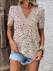 Full Size Printed V-Neck Short Sleeve Blouse - Trendsi