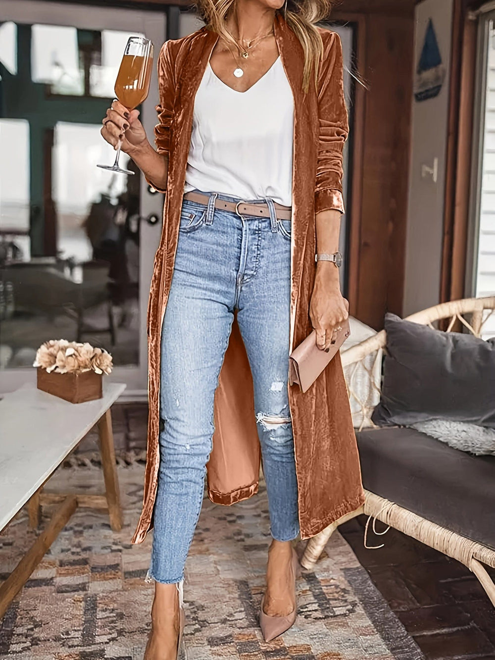 Open Front Long Sleeve Coat - Trendsi