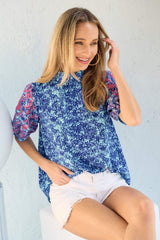 Hailey & Co Embroidered Puff Sleeve Printed Blouse - Trendsi - Flyclothing LLC