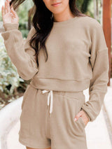 Ribbed Round Neck Long Sleeve Top and Shorts Set - Trendsi - Flyclothing LLC
