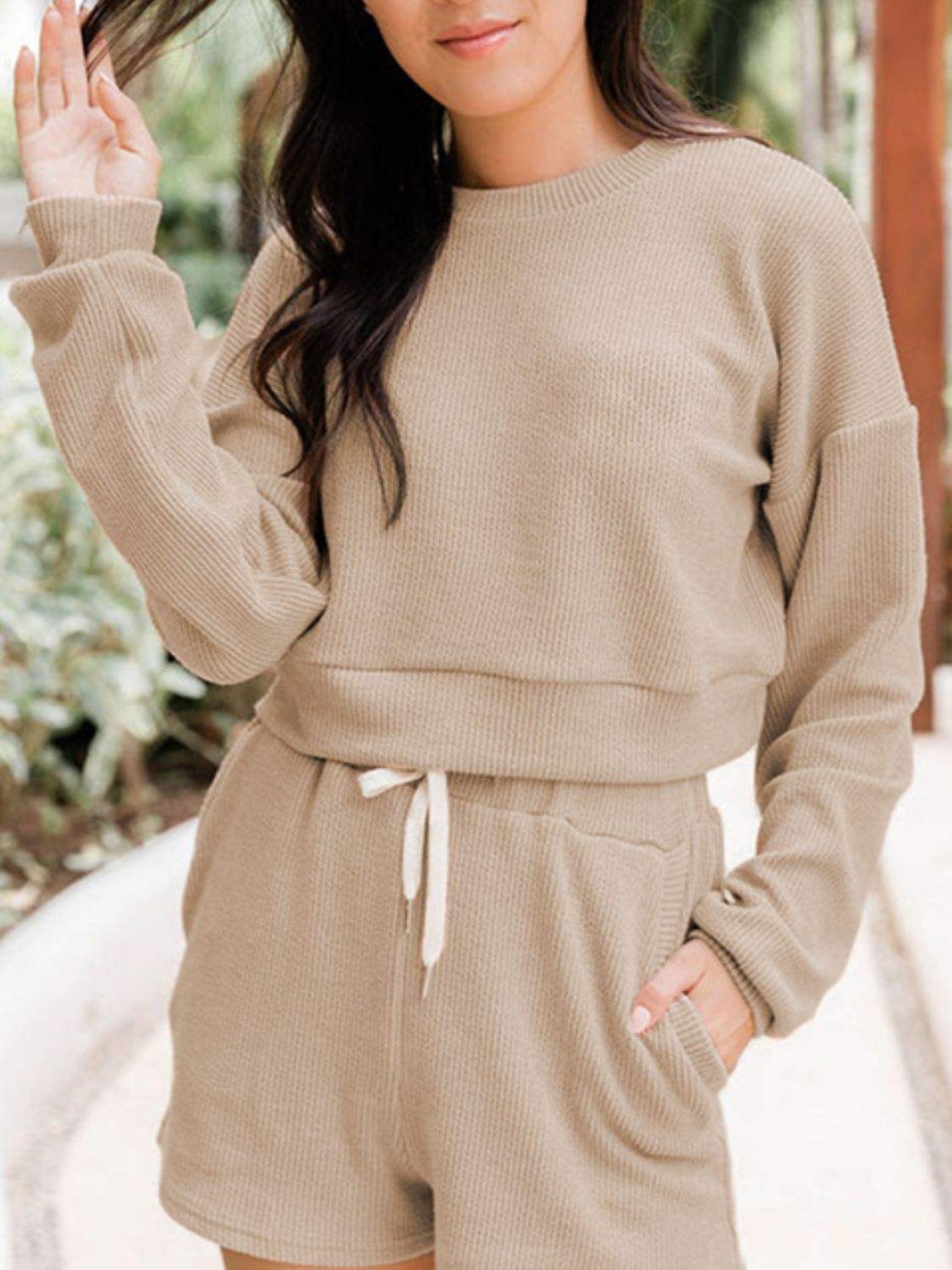 Ribbed Round Neck Long Sleeve Top and Shorts Set - Trendsi - Flyclothing LLC