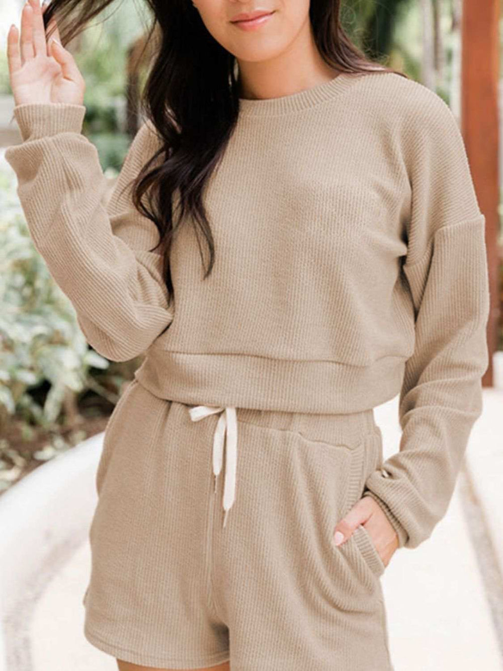Ribbed Round Neck Long Sleeve Top and Shorts Set - Trendsi - Flyclothing LLC