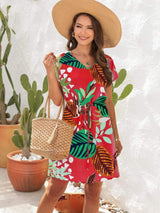 Drawstring Printed V-Neck Mini Dress - Trendsi - Flyclothing LLC