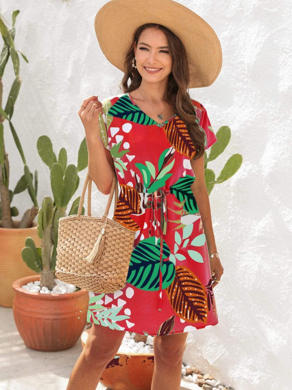 Drawstring Printed V-Neck Mini Dress - Trendsi - Flyclothing LLC