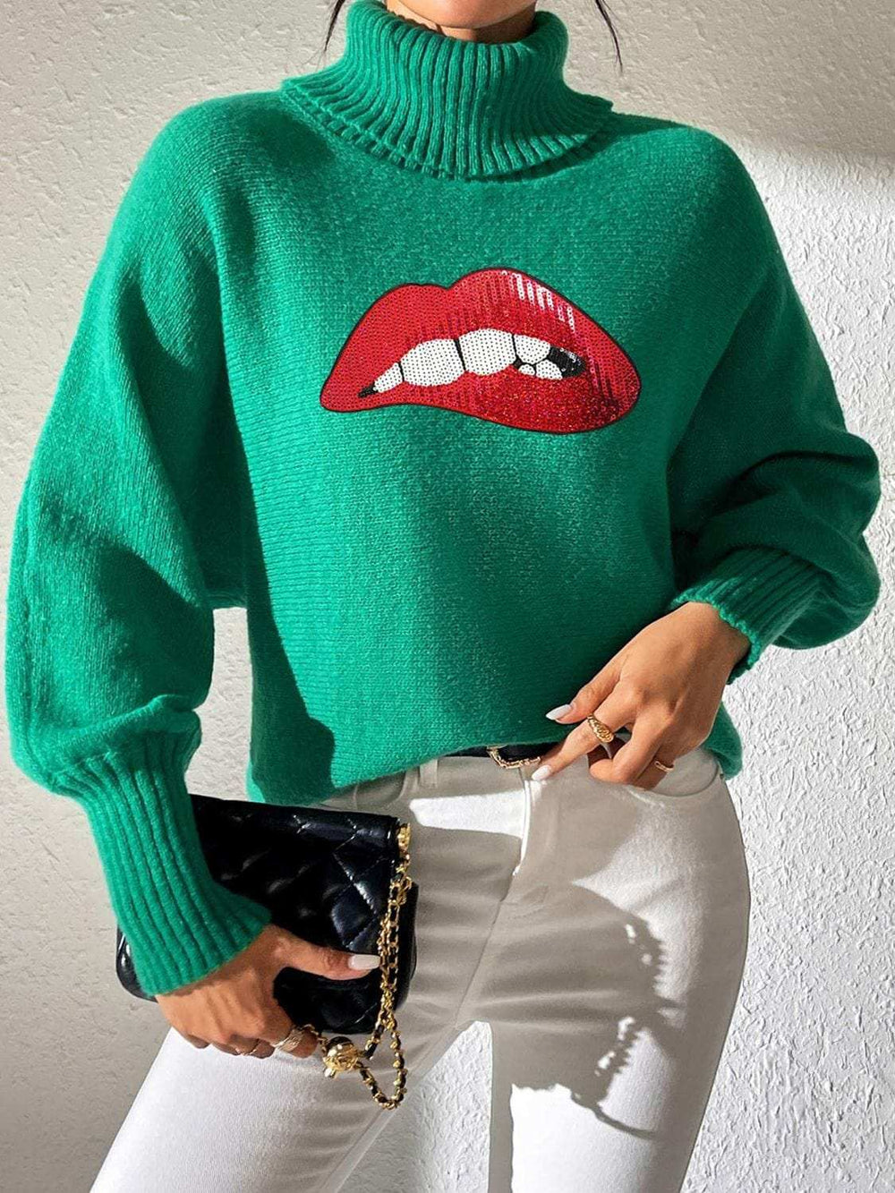 Lip Turtleneck Long Sleeve Sweater - Trendsi - Flyclothing LLC