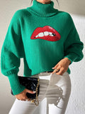 Lip Turtleneck Long Sleeve Sweater - Trendsi