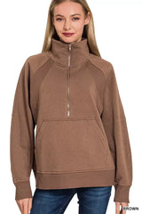 Zenana Half Zip Fleece Sweatshirt with kangaroo Pocket - Trendsi - Flyclothing LLC