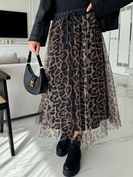 Leopard Print Tulle Midi Skirt - Trendsi - Flyclothing LLC