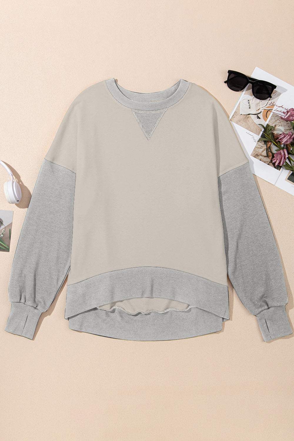 Contrast Round Neck Long Sleeve Sweatshirt - Trendsi - Flyclothing LLC