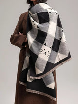 Cute Cat Pattern Plaid Raw Hem Scarf - Trendsi - Flyclothing LLC
