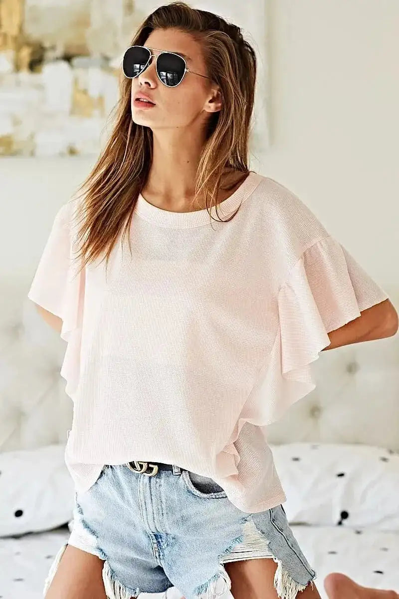 BiBi Thermal Knit with Ruffled Sleeve Top - Trendsi