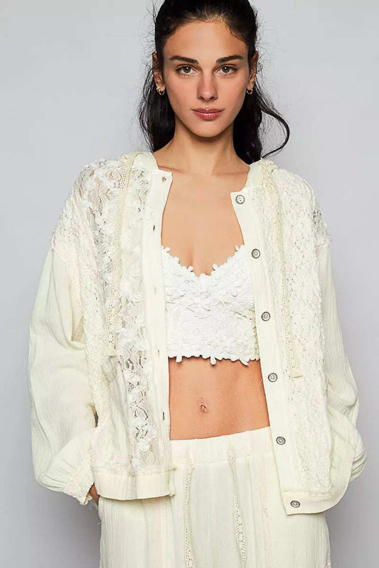 POL Exposed Seam Button Down Hooded Jacket with Lace Detail - Trendsi - Flyclothing LLC