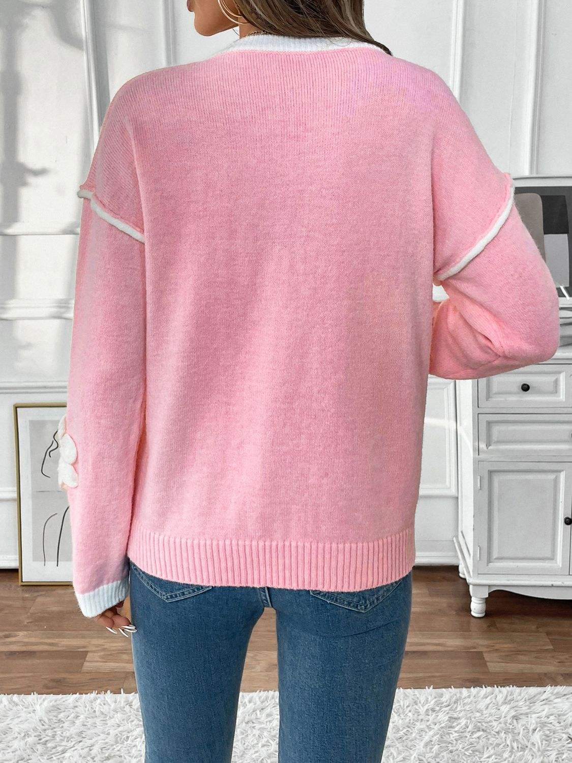 Perfee Flower V-Neck Long Sleeve Sweater - Trendsi - Flyclothing LLC