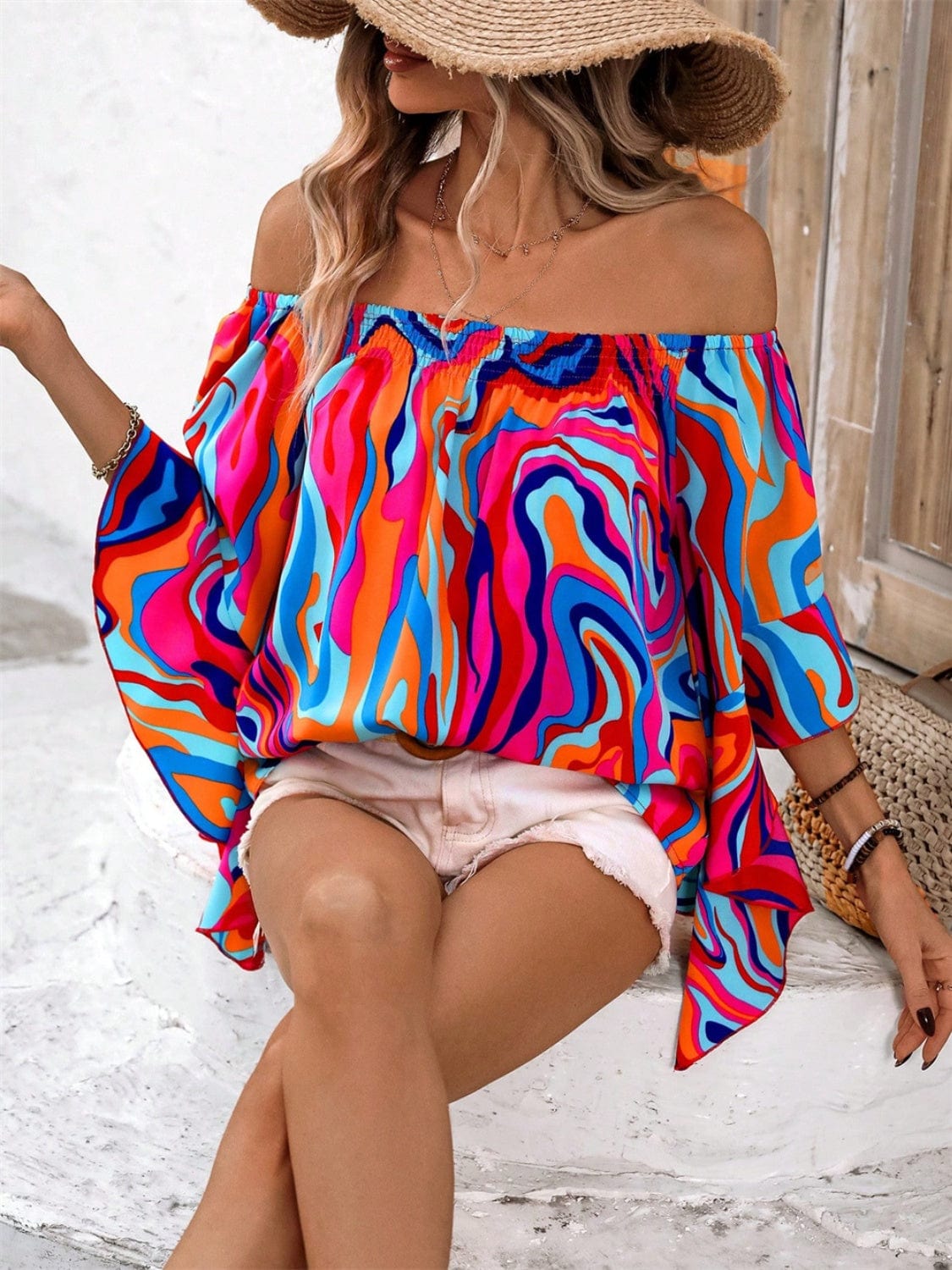 Printed Off-Shoulder Blouse - Trendsi