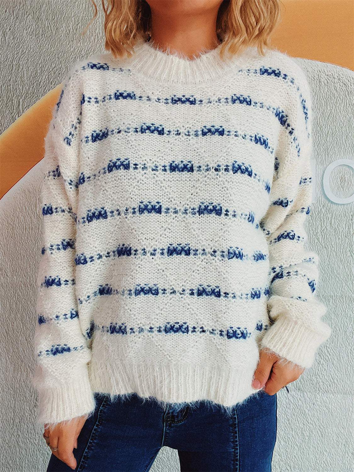 Striped Round Neck Long Sleeve Sweater - Trendsi - Flyclothing LLC
