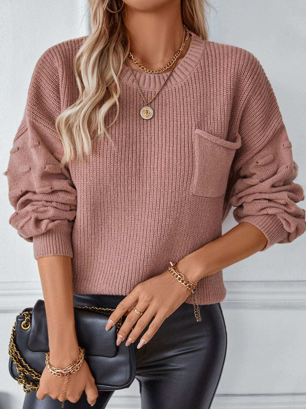 Round Neck Drop Shoulder Sweater - Trendsi - Flyclothing LLC