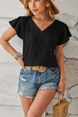 Ruched V-Neck Flounce Sleeve Blouse - Trendsi - Flyclothing LLC