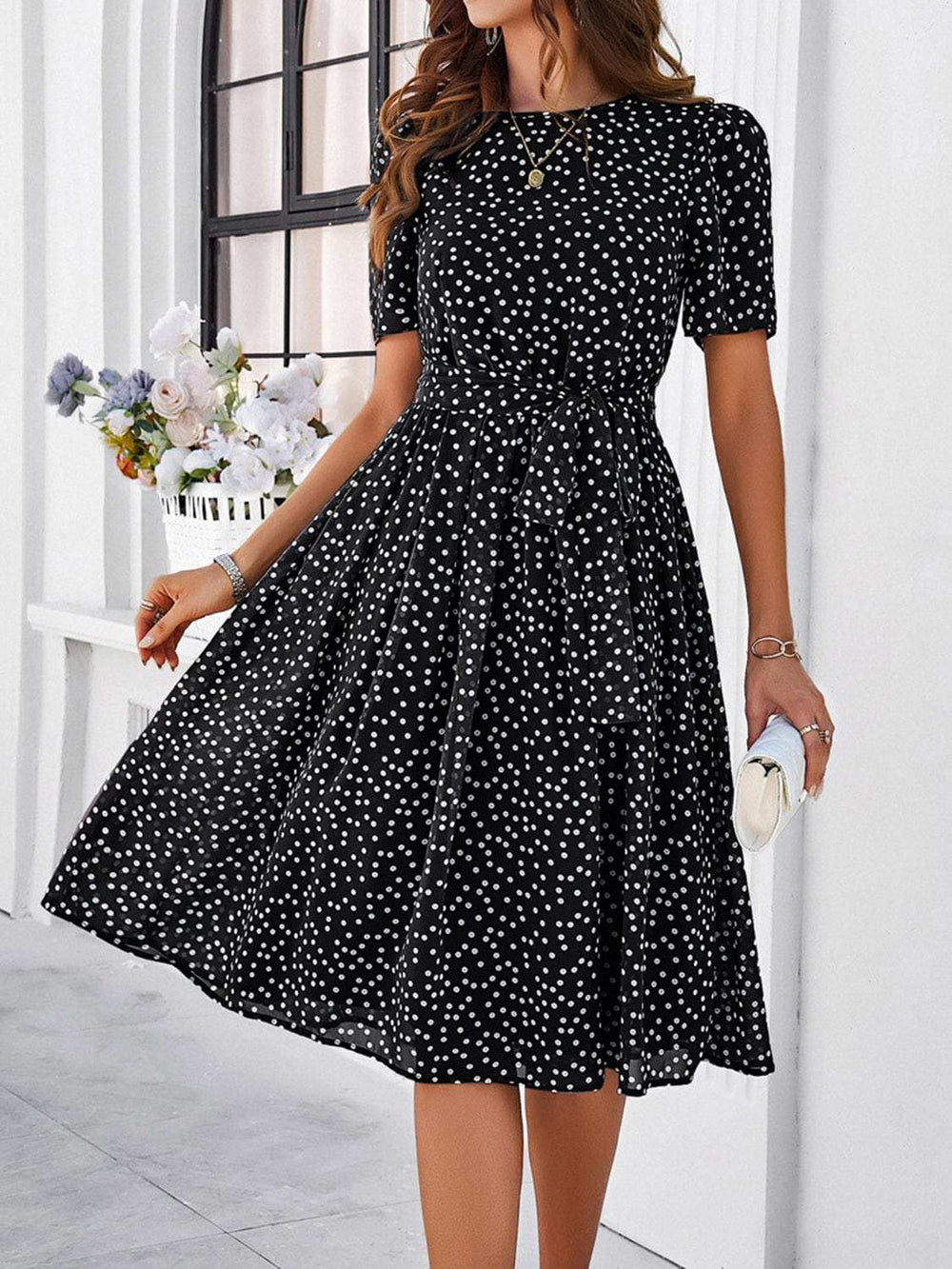 Printed Round Neck Short Sleeve Dress - Trendsi - Flyclothing LLC
