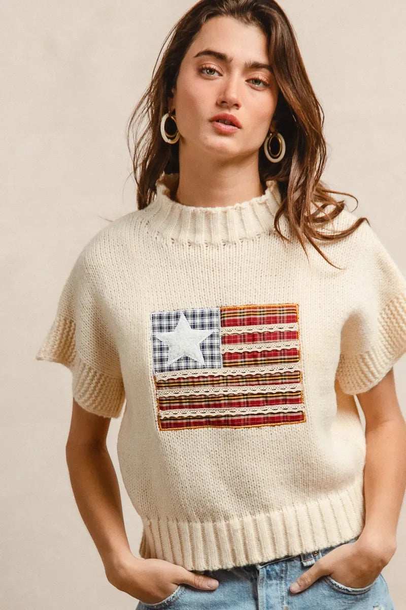 BiBi American Flag Patchwork Drop Shoulder Sweater - Trendsi - Flyclothing LLC