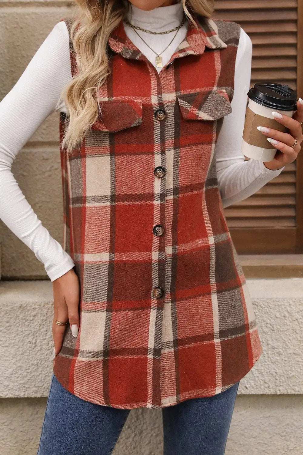 Plaid Button Up Vest Coat - Trendsi - Flyclothing LLC