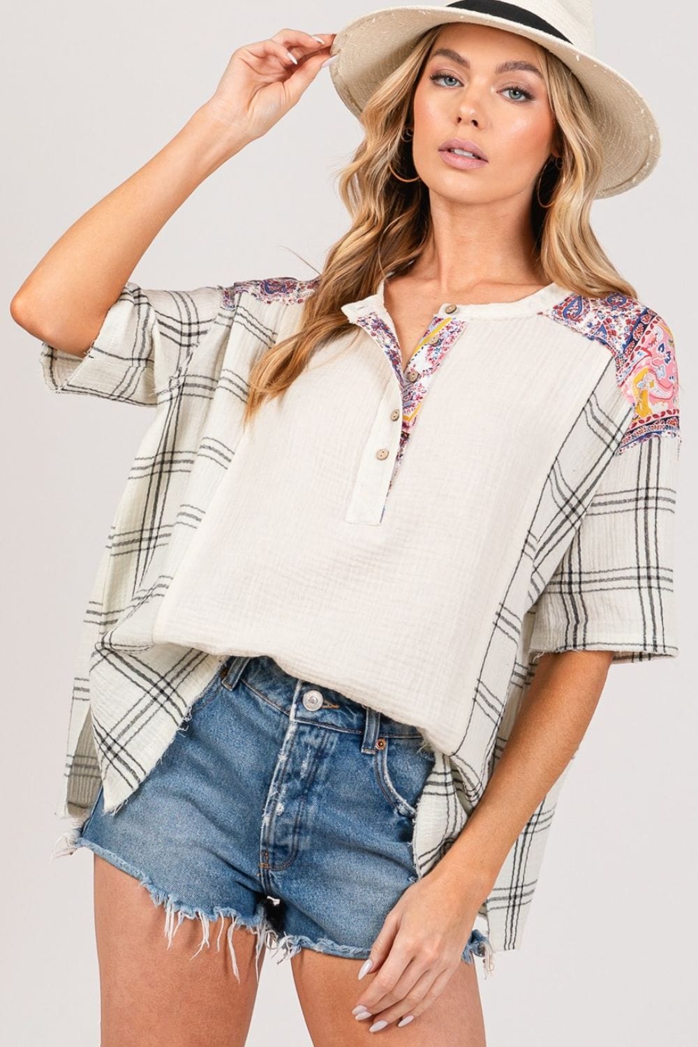 SAGE + FIG Plaid Half Button Gauze Top - Trendsi