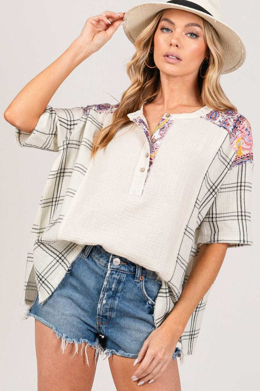 SAGE + FIG Plaid Half Button Gauze Top - Trendsi - Flyclothing LLC