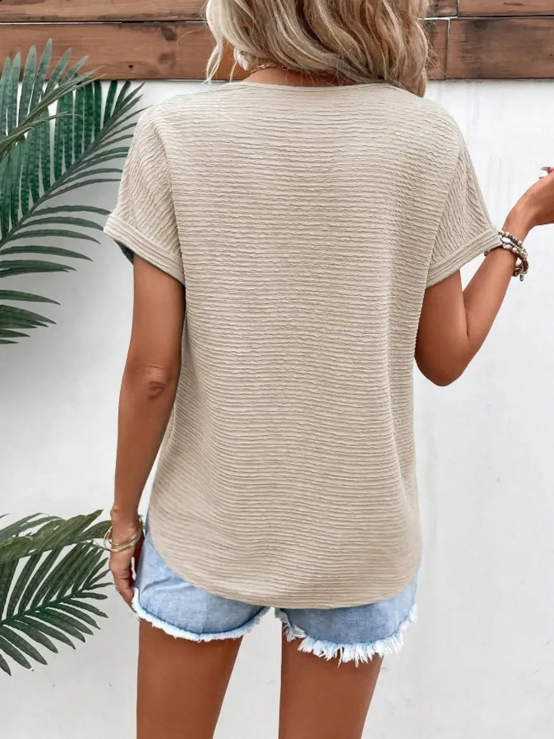 Textured Solid Color Short Sleeve Top - Trendsi - Flyclothing LLC