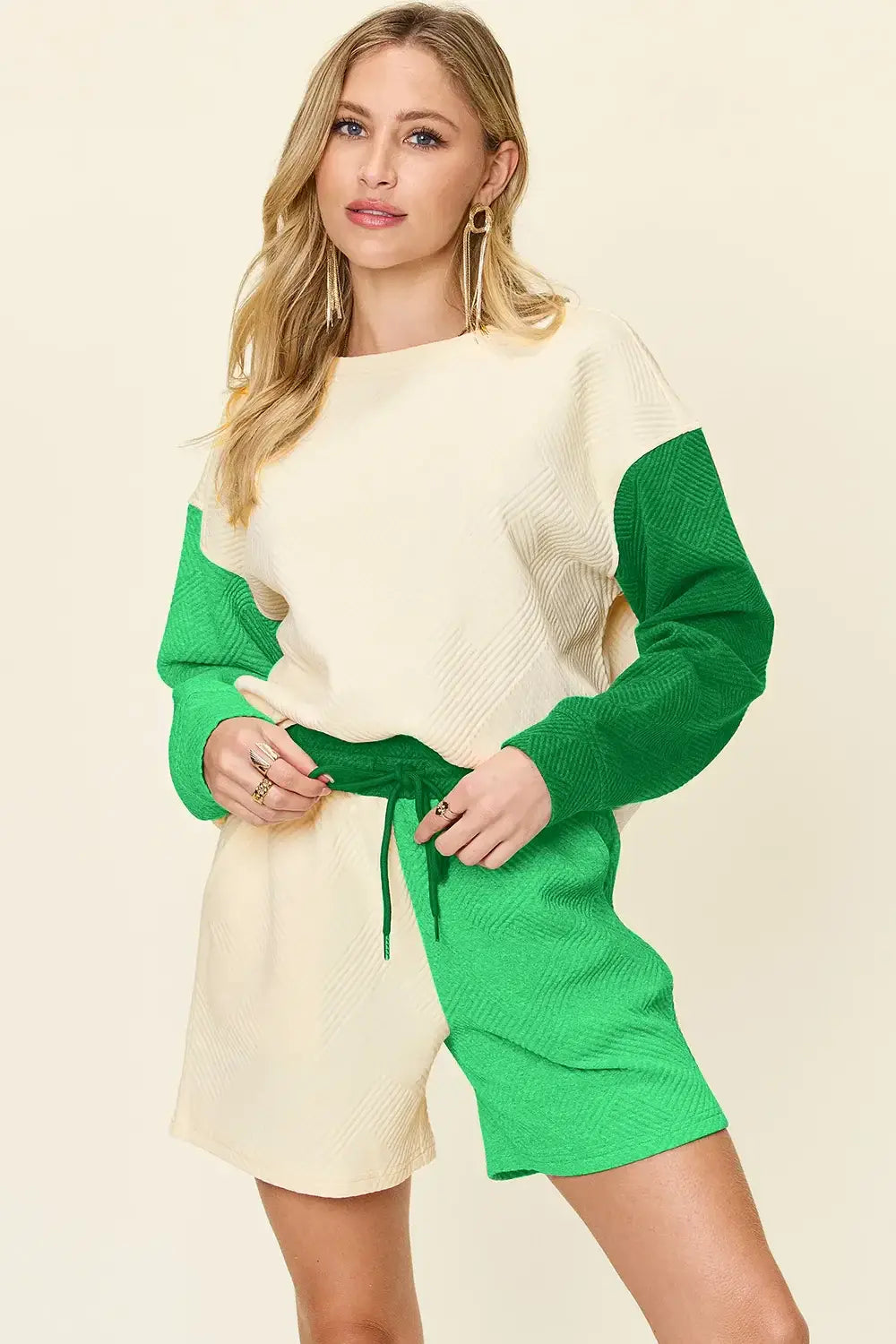 Double Take Full Size Contrast Drop Shoulder Top and Shorts Set - Trendsi - Flyclothing LLC