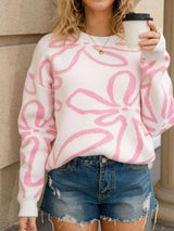 Flower Crew Neck Long Sleeve Sweater - Trendsi - Flyclothing LLC