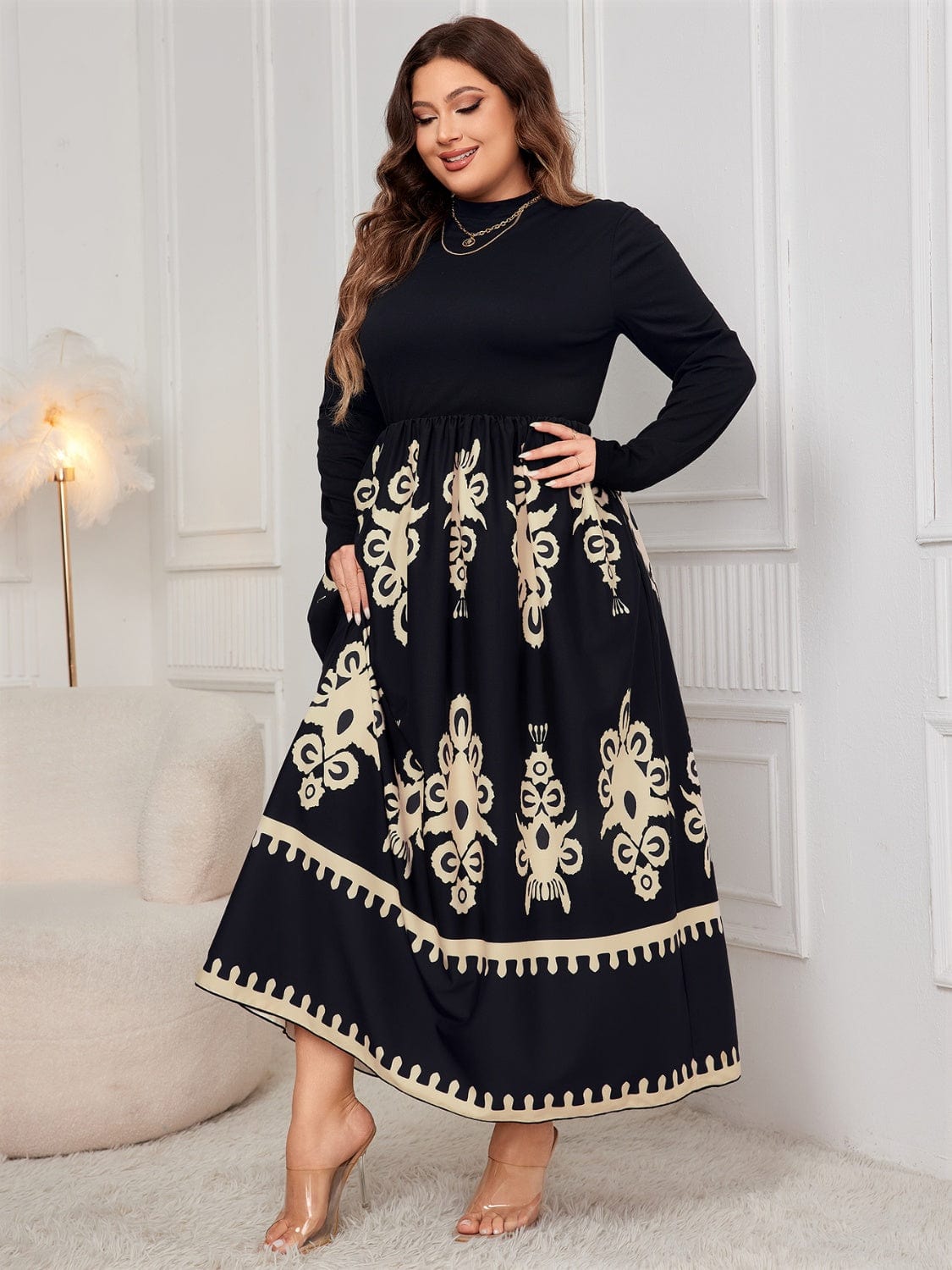 Plus Size Printed Mock Neck Long Sleeve Dress - Trendsi