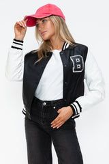 Love Me Now PU Leather Contrast Snap Down Bomber Jacket - Trendsi